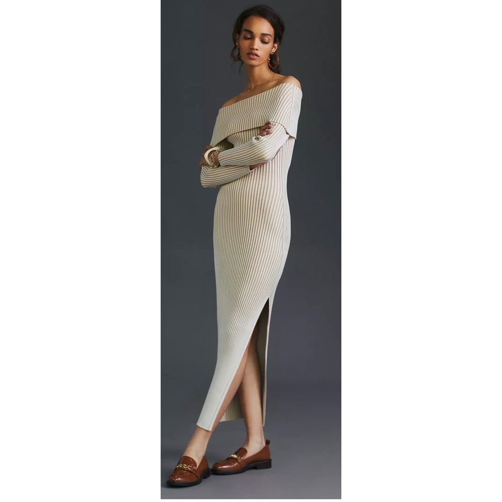Anthropologie Off Shoulder Ribbed Knit Sweater Maxi Dress Beige Tan Size Medium